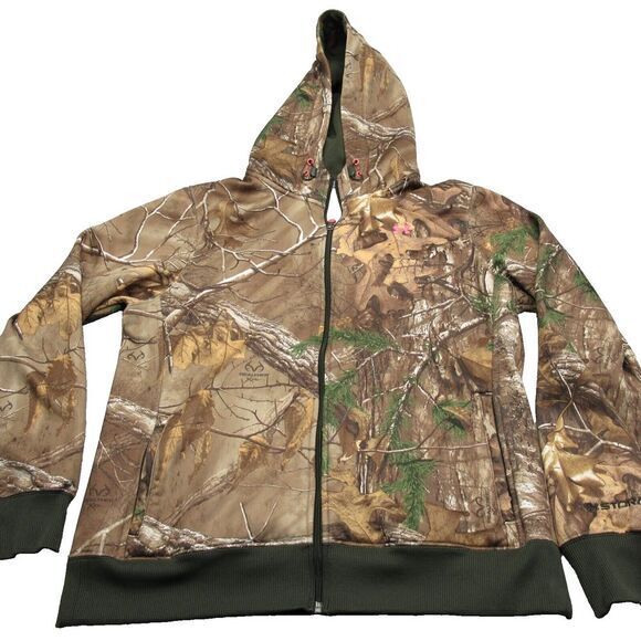 Under Armour‎ Storm Hoodie Womens XL Brown Realtree Camo Hunting Fleece Full Zip - Picture 1 of 14